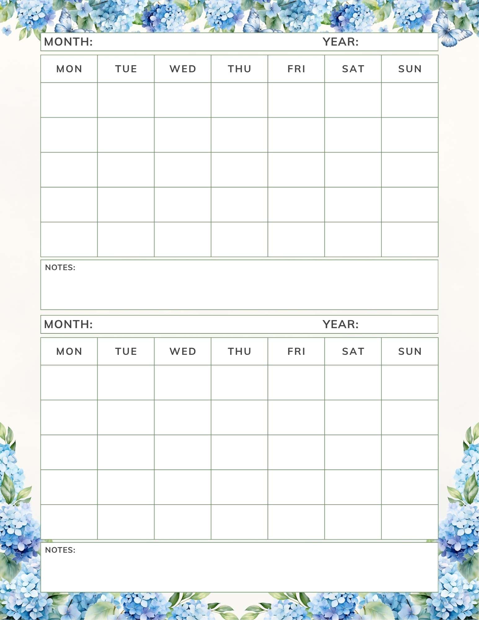 Blue hydrangea themed printable 2 month calendar template.
