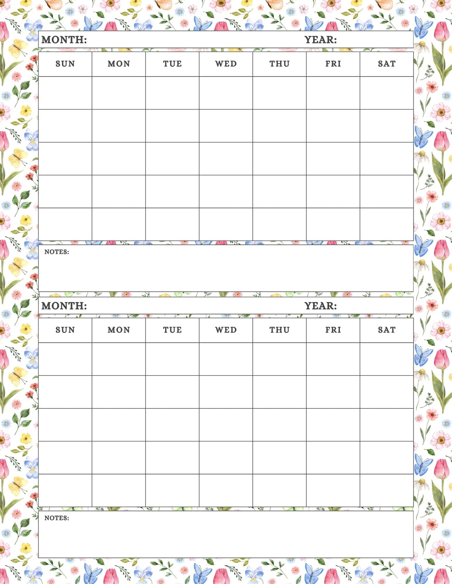 Botanic themed printable 2 month calendar template.