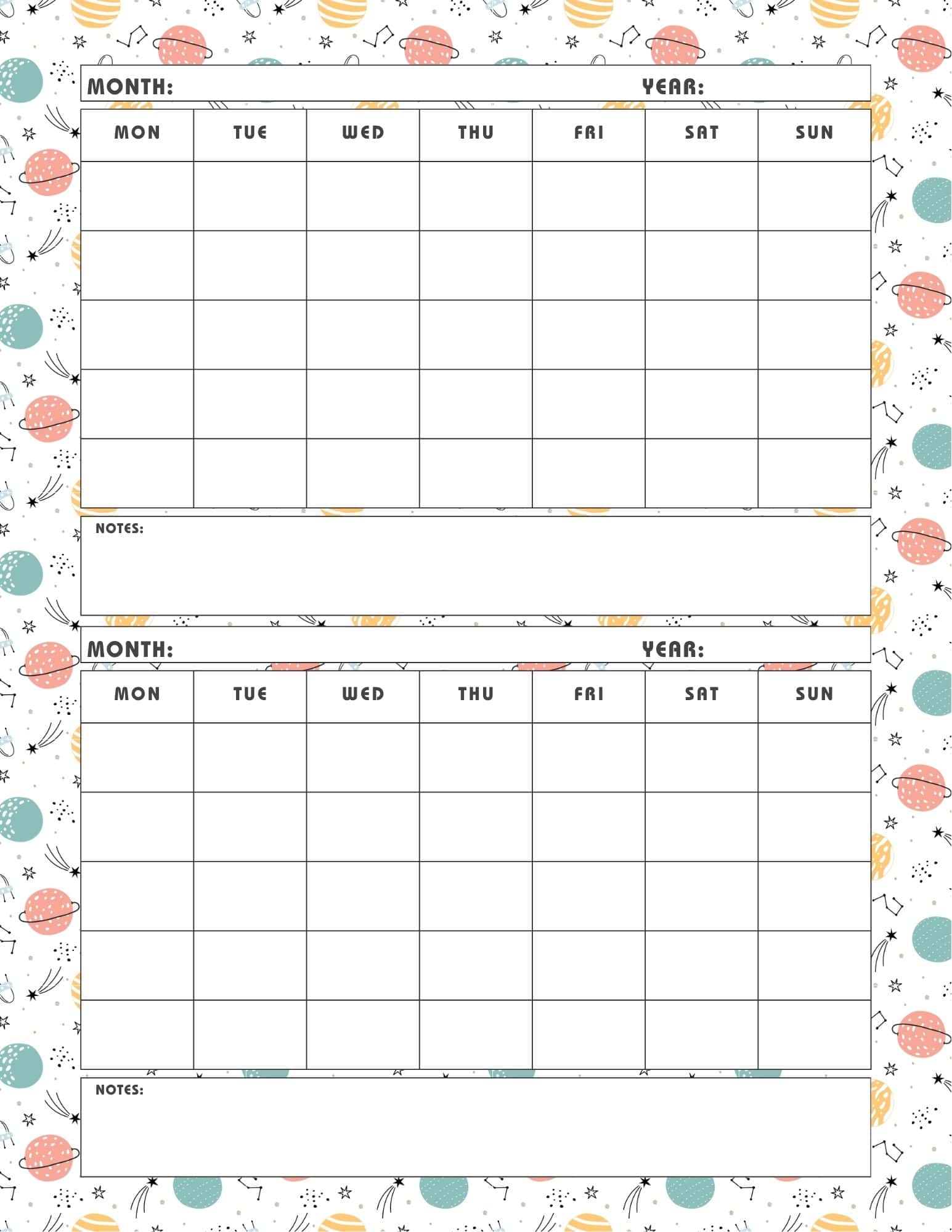 Celestial design printable 2 month calendar template.