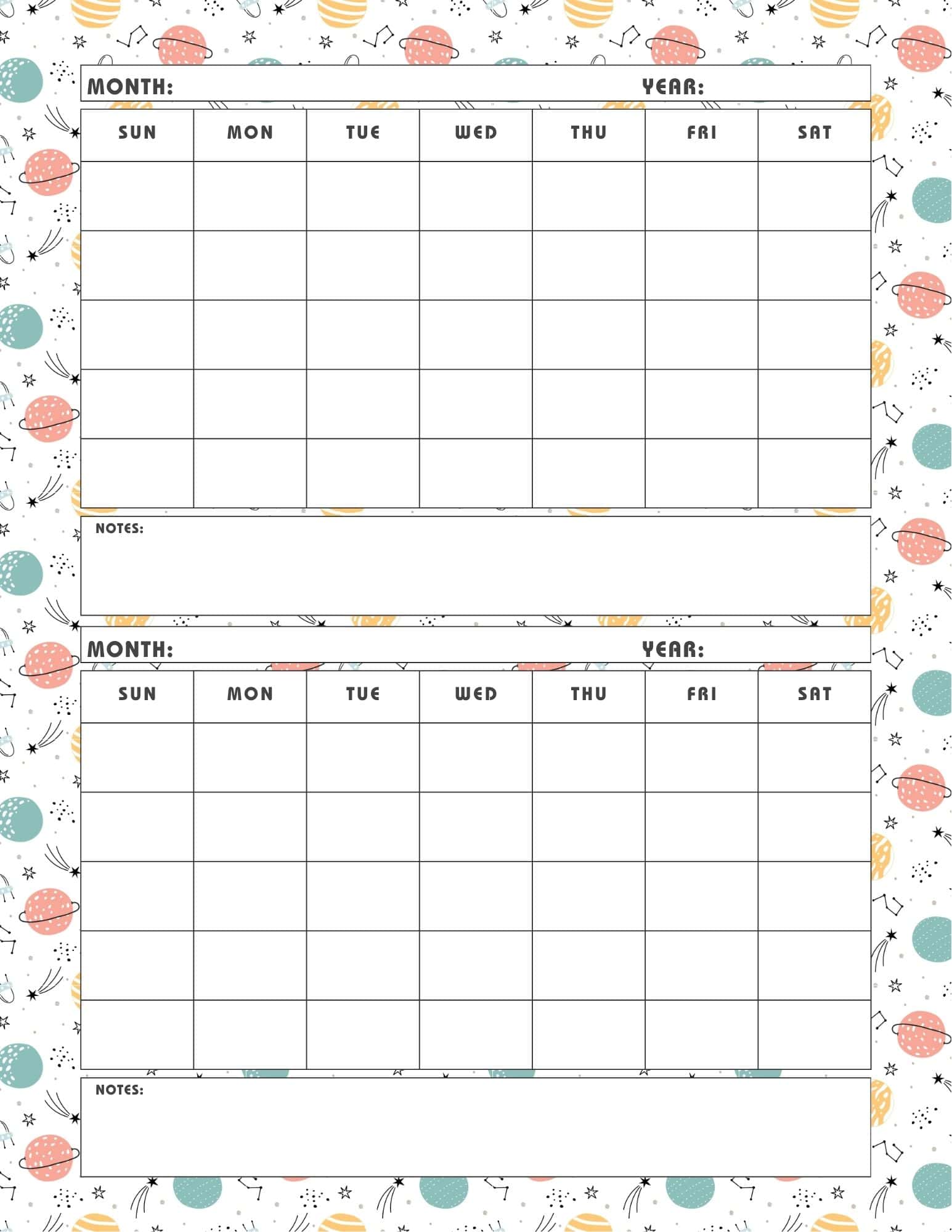 Celestial design printable 2 month calendar template.
