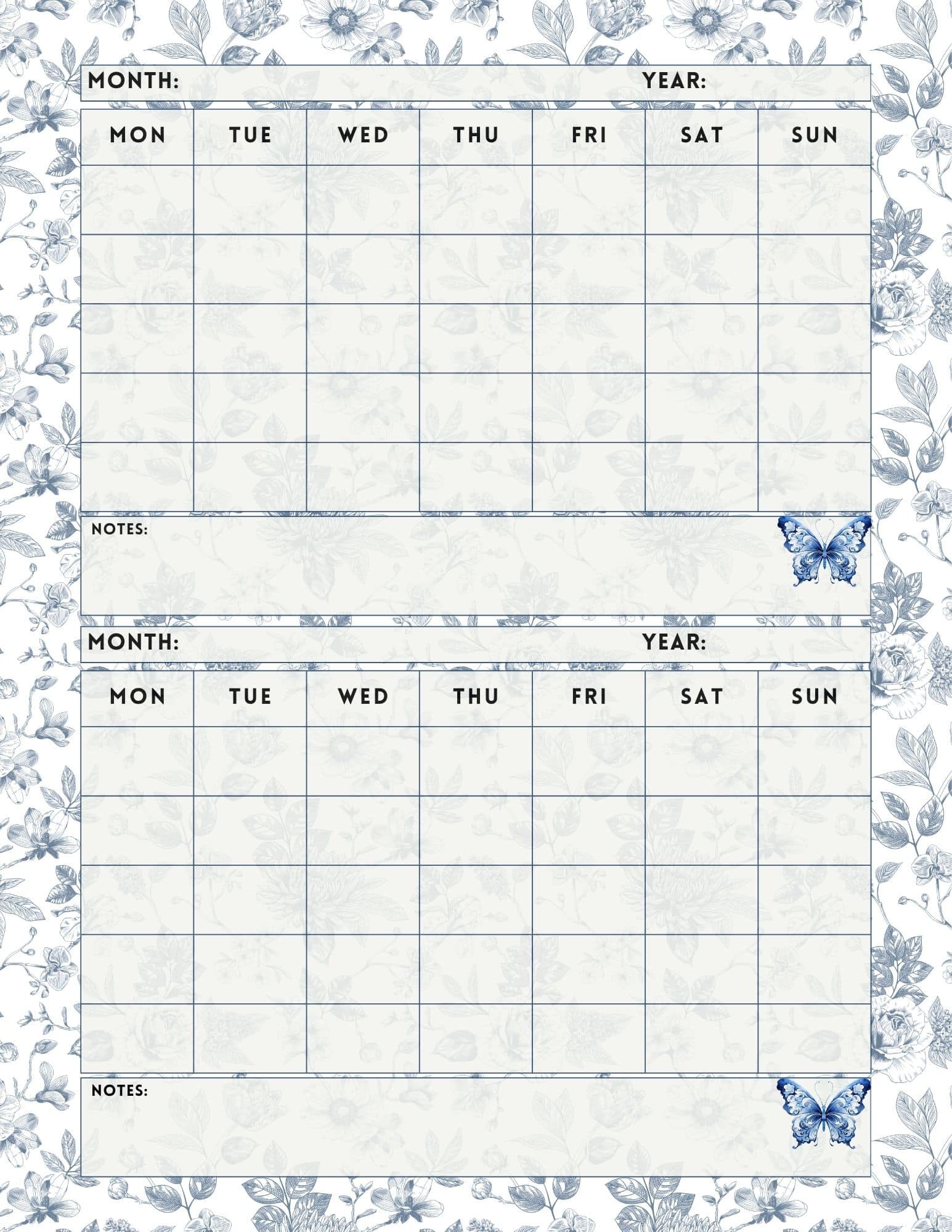 Blue chinoiserie printable 2 month calendar template.
