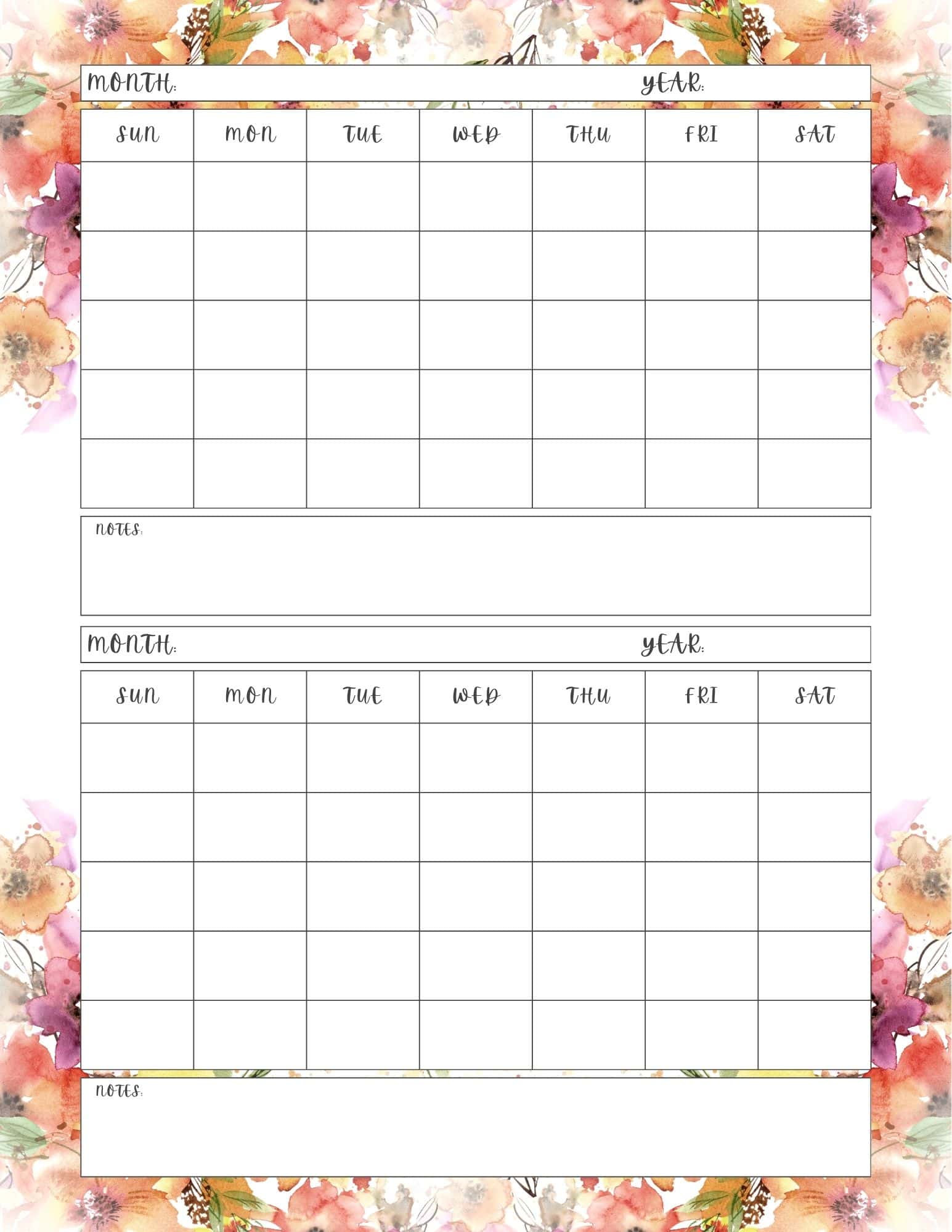 Watercolor flowers printable 2 month calendar template.