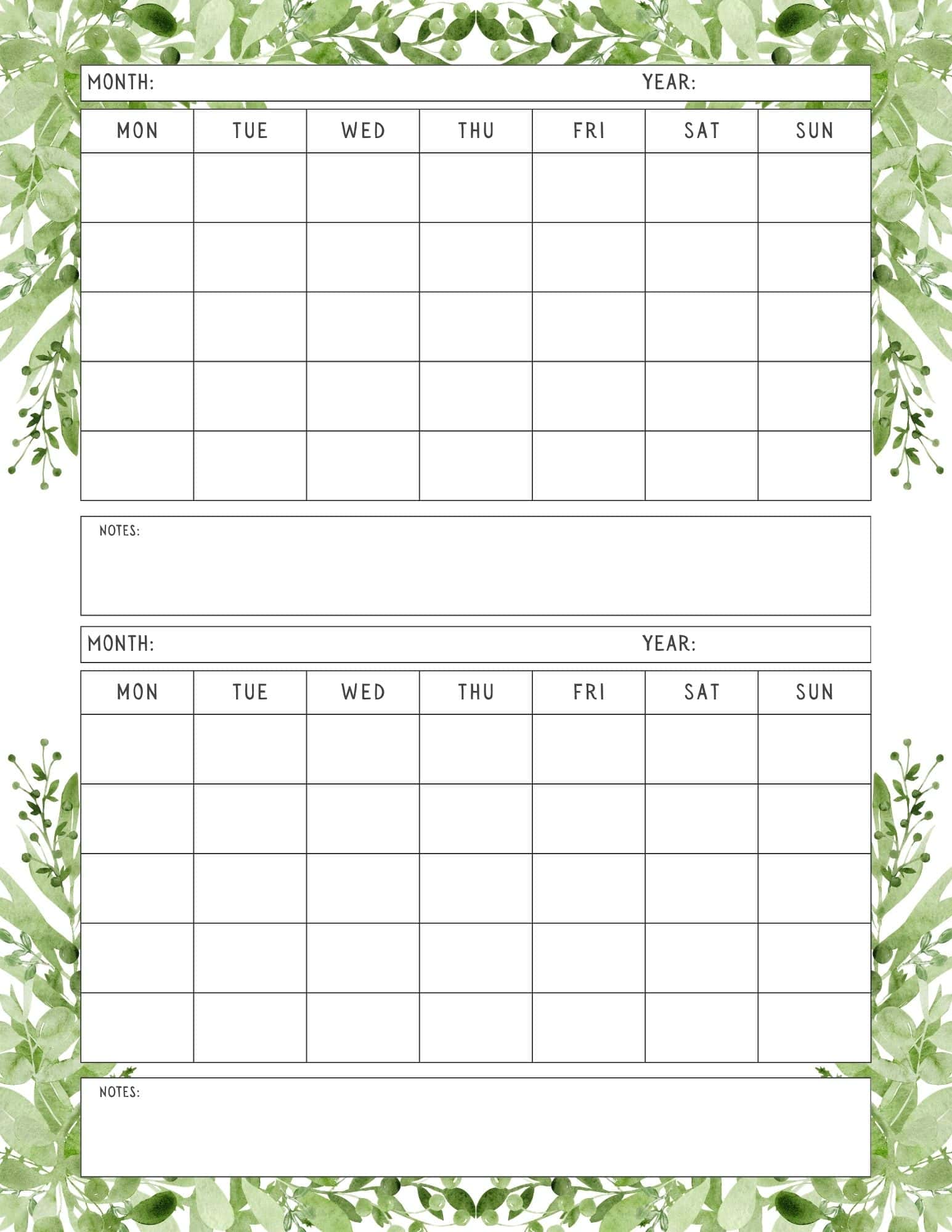 Leaves themed printable 2 month calendar template.