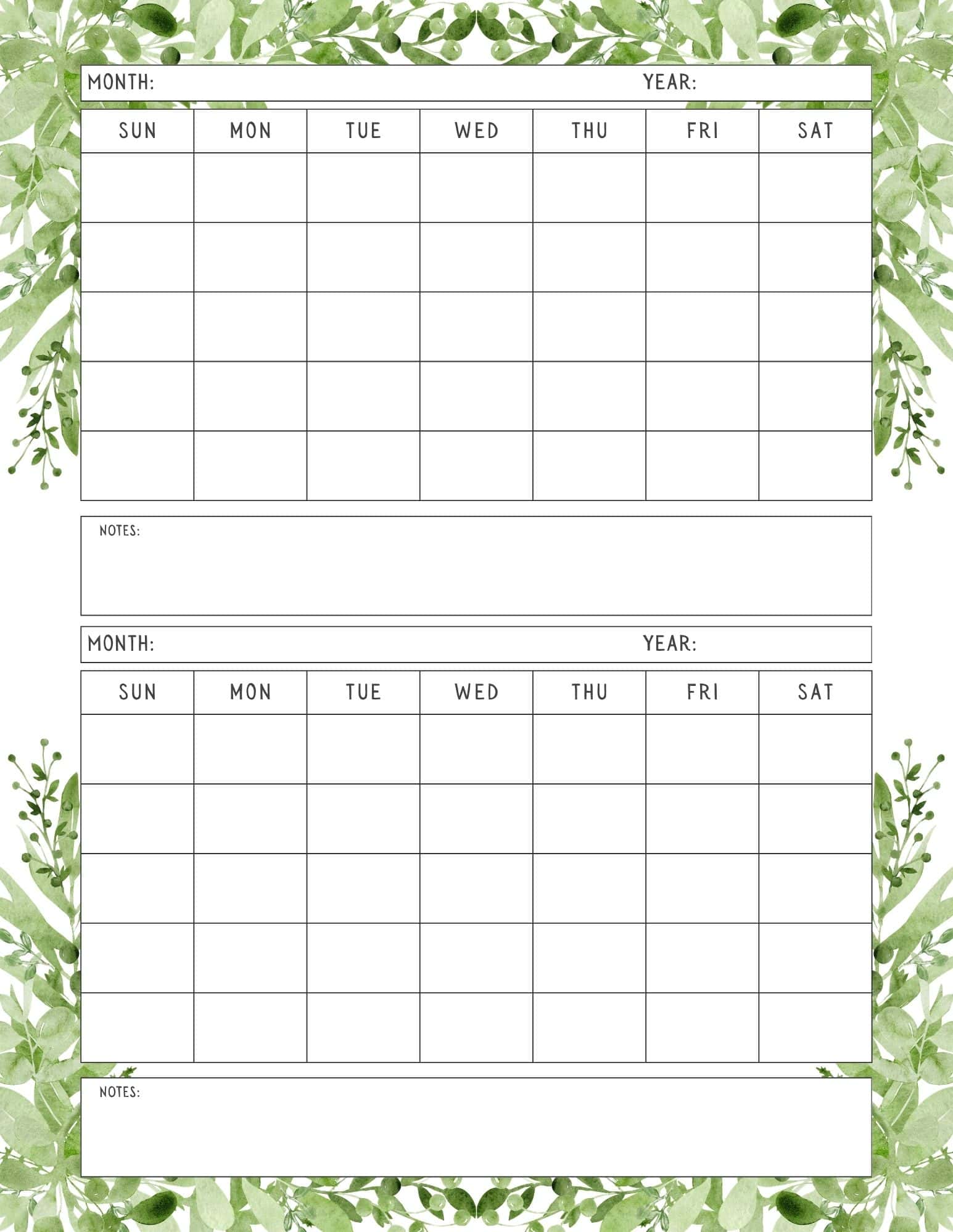 Leaves themed printable 2 month calendar template.