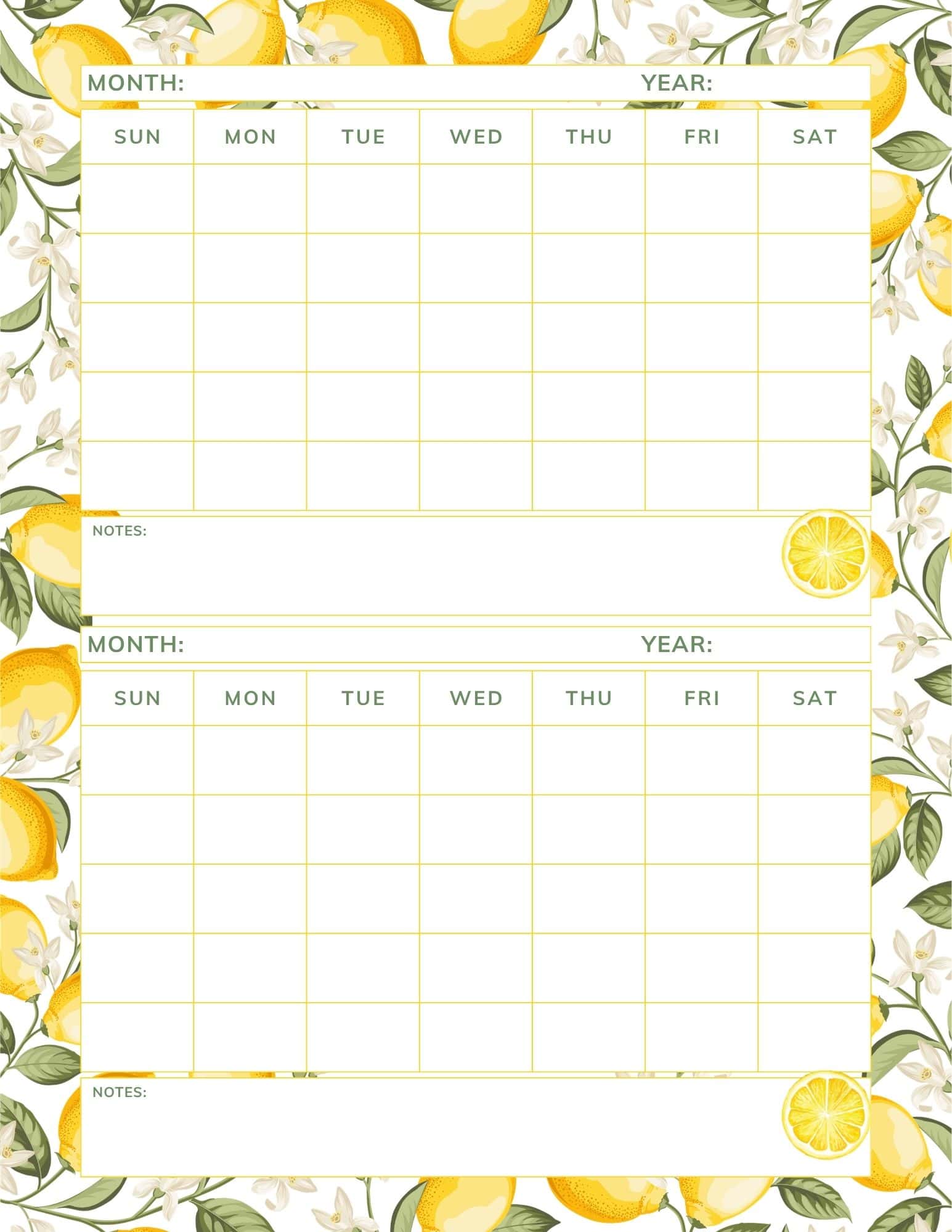 Lemons background printable 2 month calendar template.