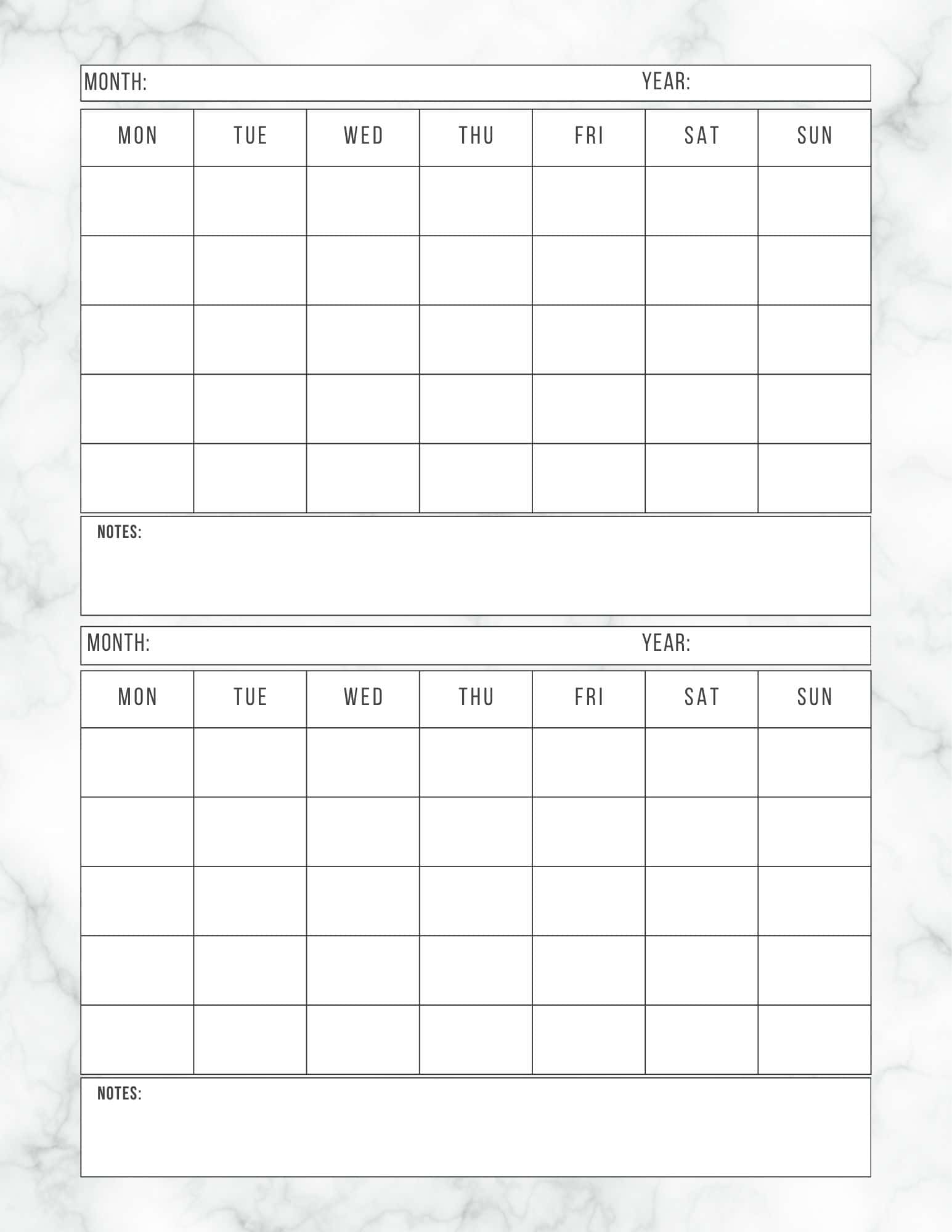 Marble themed printable 2 month calendar template.