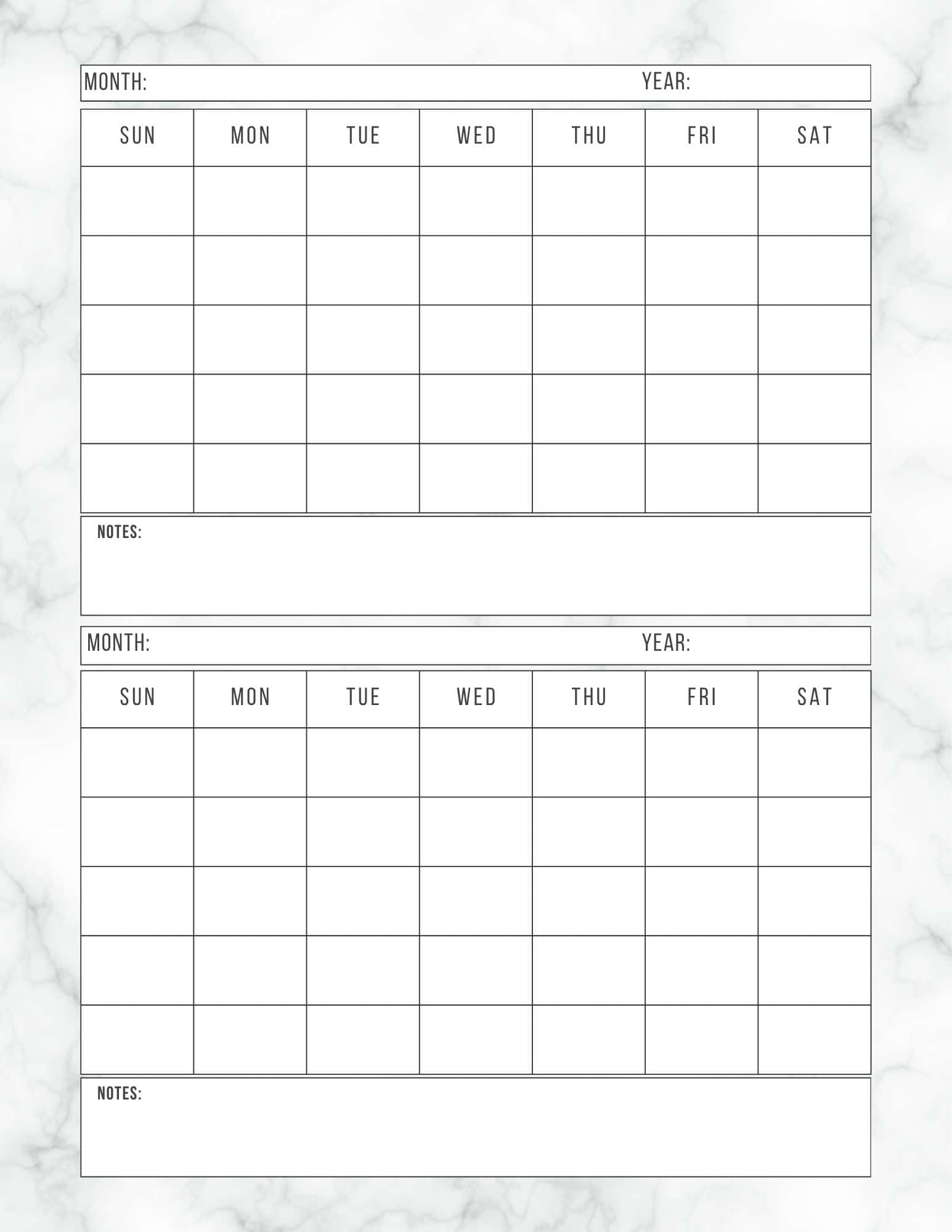 Marble themed printable 2 month calendar template.