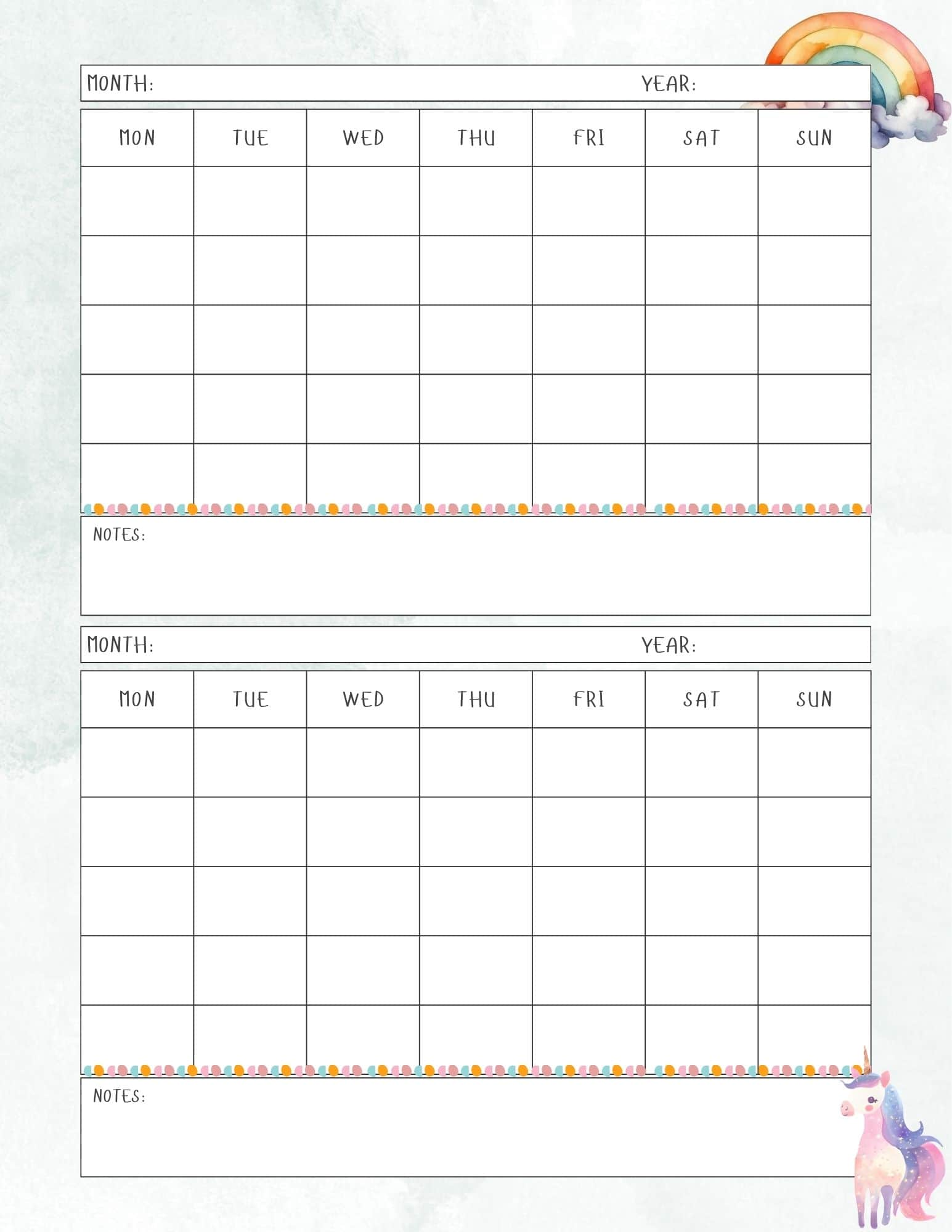 Rainbow and unicorn themed 2 month calendar template.