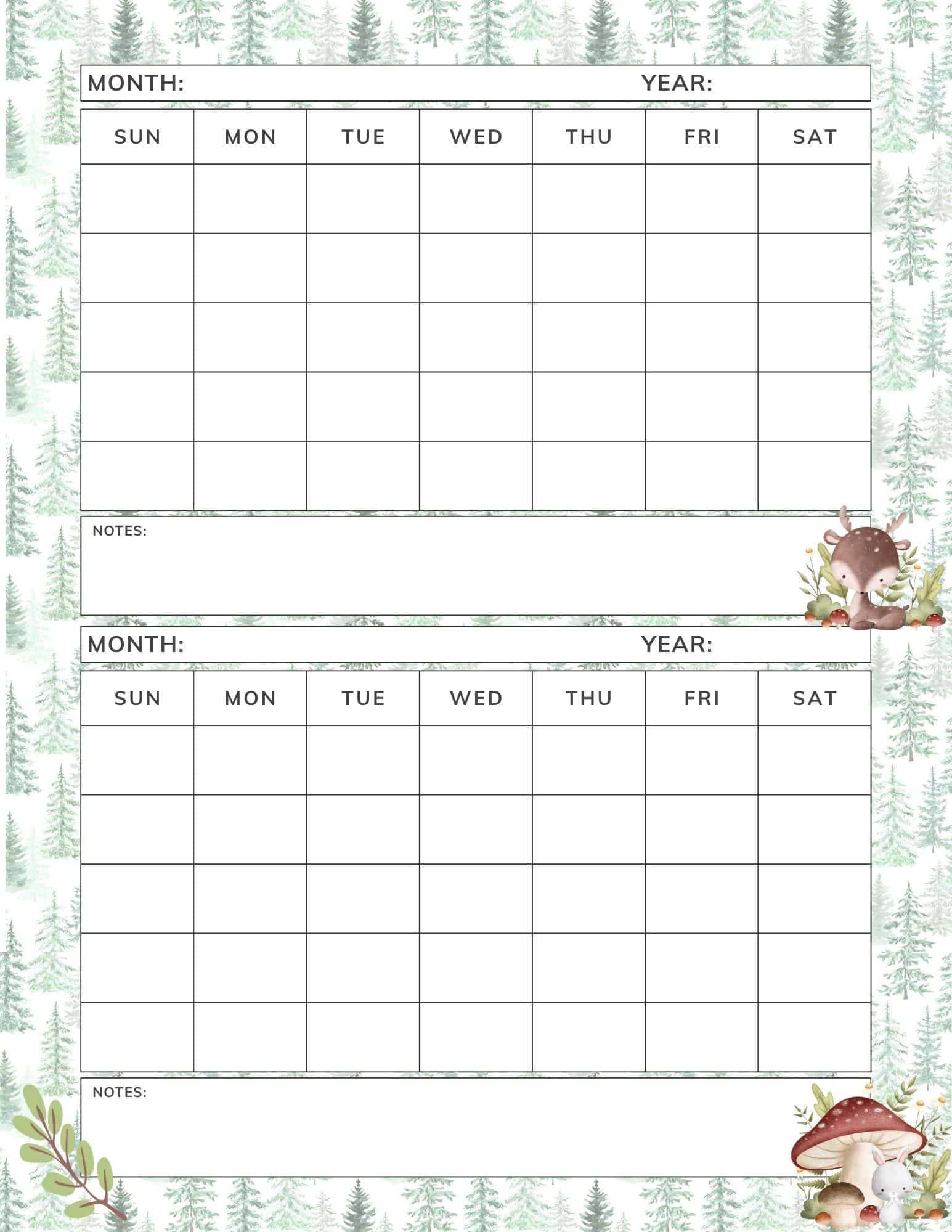 Winter wonderland themed printable 2 month calendar template.