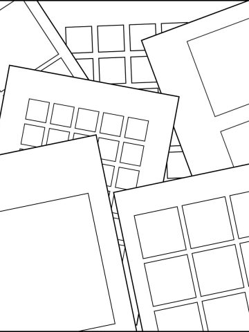 A stack of printable square template pages overlapping on one another.