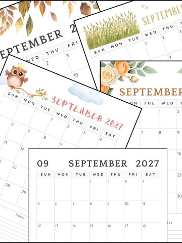 A stack of September 2027 calendar templates overlapping on one another.