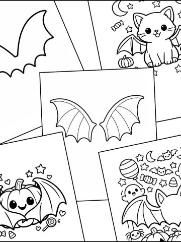 A stack of bat wings coloring page templates overlapping on one another.