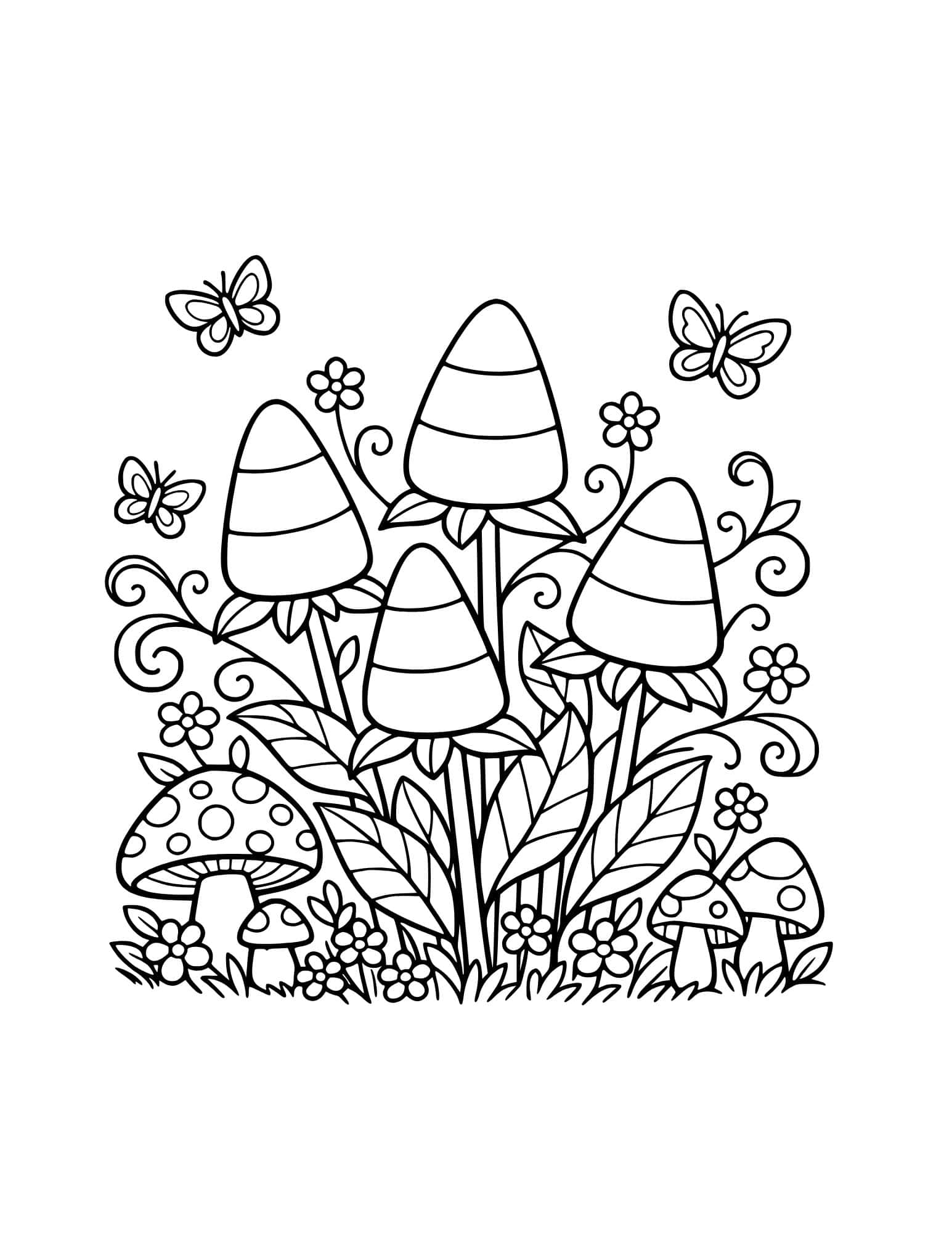 A whimsical garden where candy corn grows like flowers alongside mushrooms and butterflies.