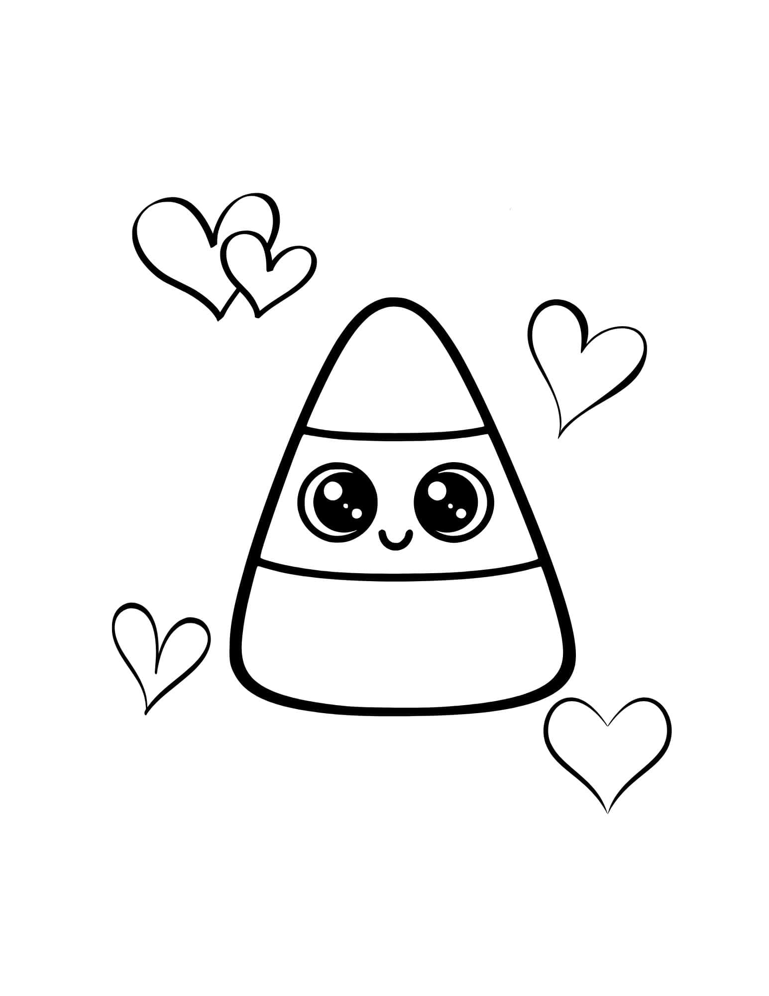 A cute kawaii candy corn with big eyes, a smile, and little hearts.