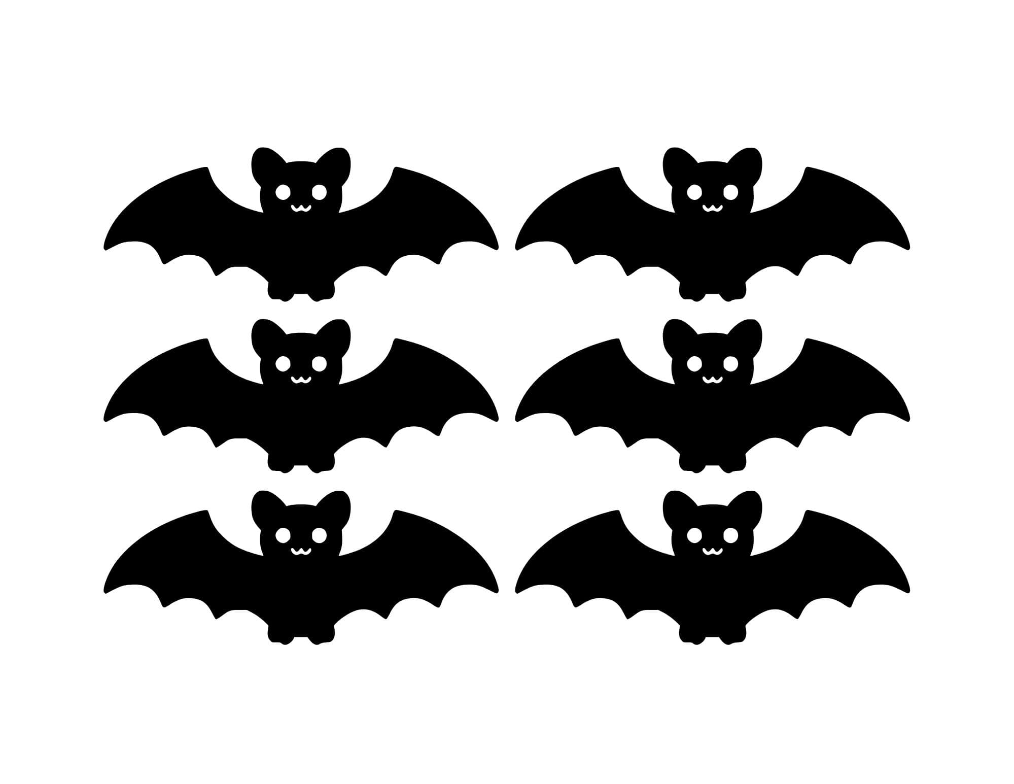 A set of 6 black Halloween bat templates with eyes.
