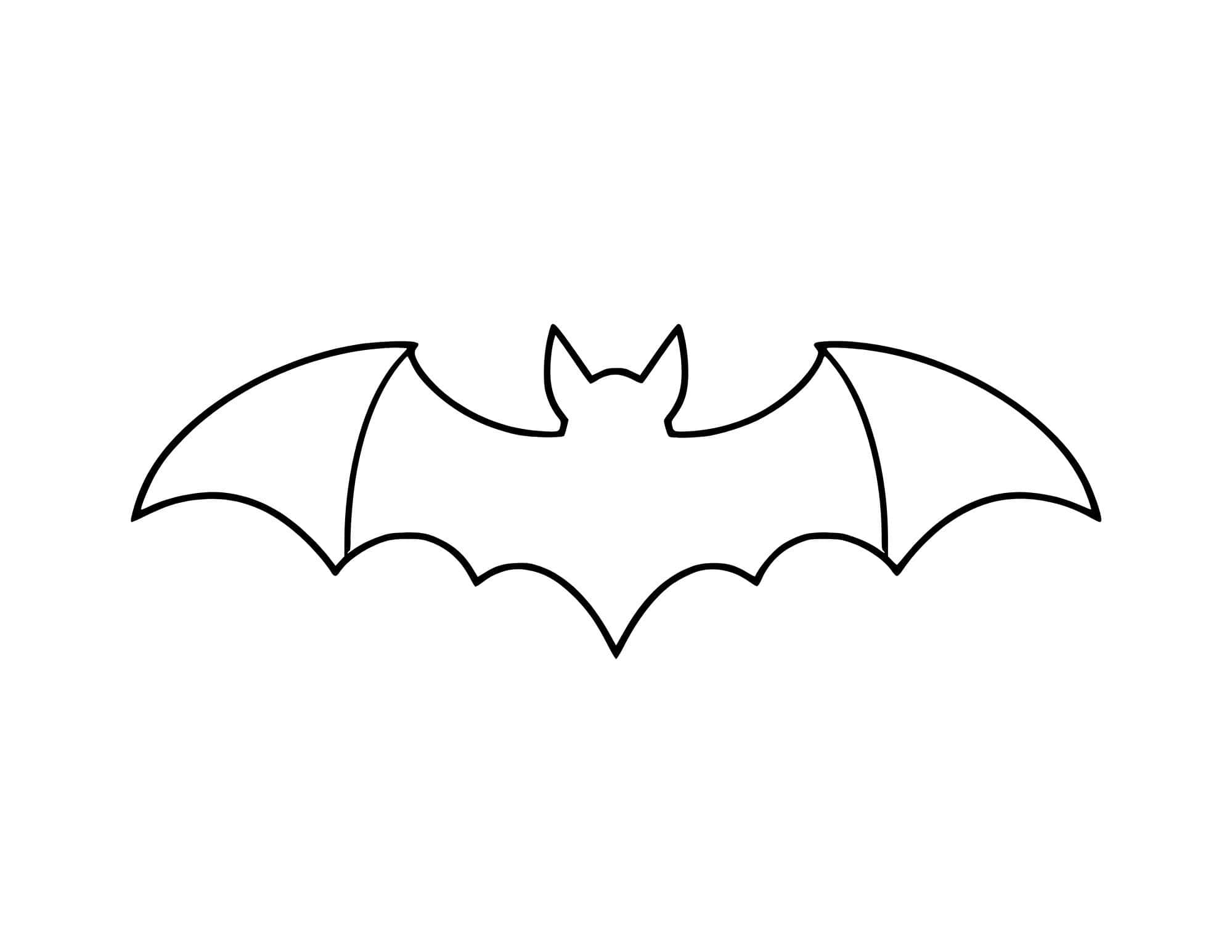 A large printable Halloween bat template in black outline with long wings.