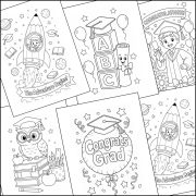 A stack of graduation coloring pages overlapping one another.