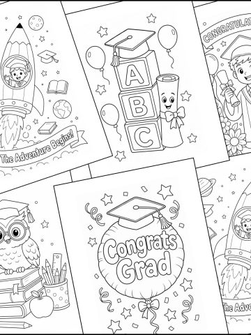 A stack of graduation coloring pages overlapping one another.