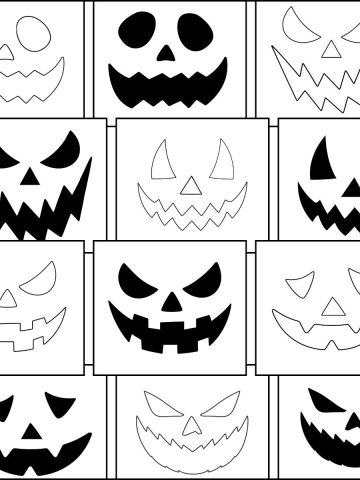 A set of free printable Jack O Lantern faces stencils in both full black and outline mode.