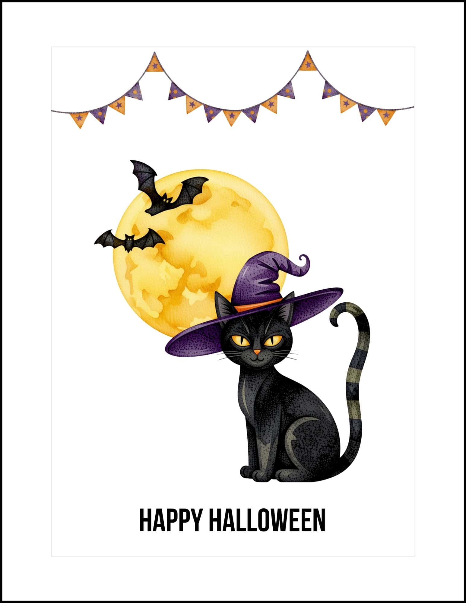 A black cat wearing a witch hat with a round yellow moon at the back Halloween card.