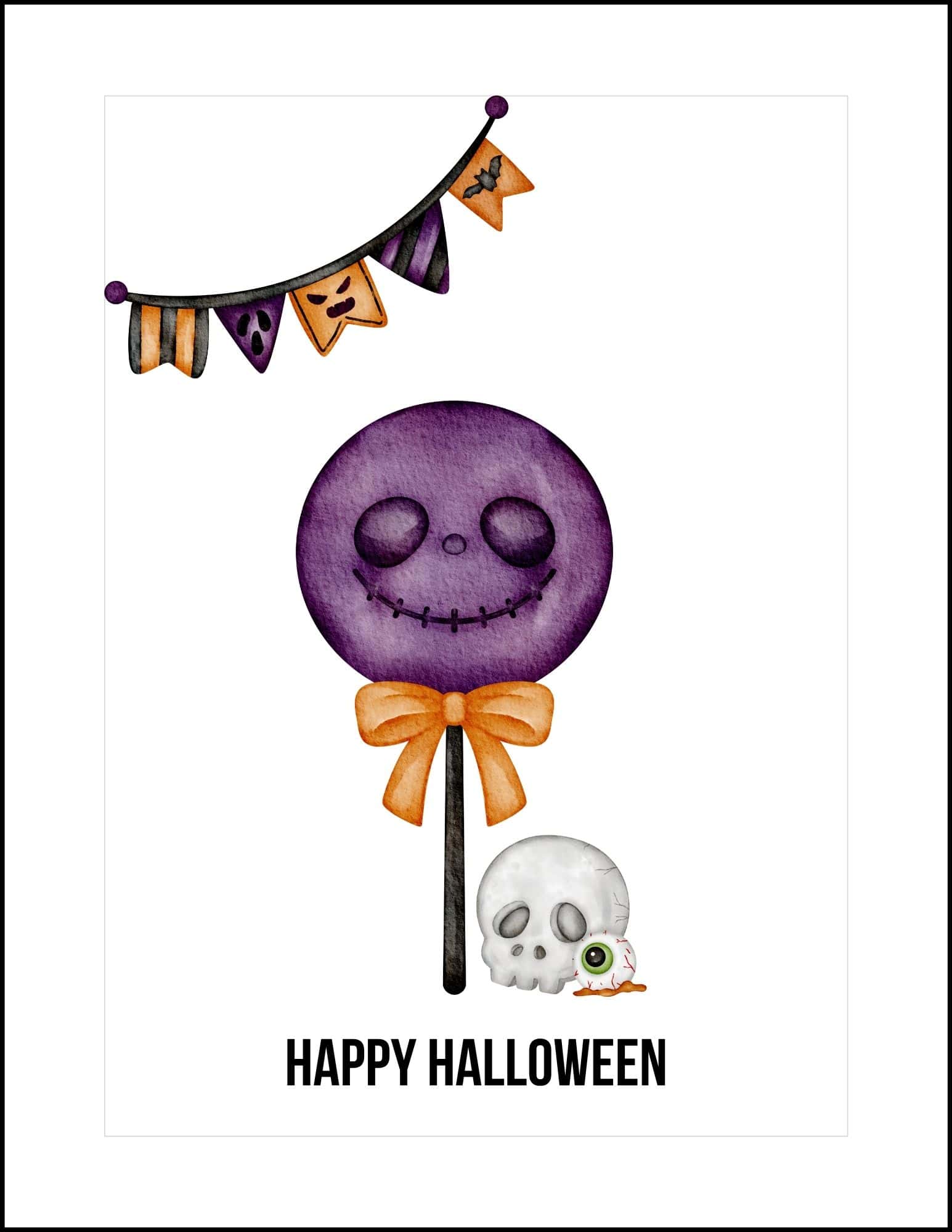 A large evil smiling lollipop with a skull and popped eye ball at the side Halloween card.