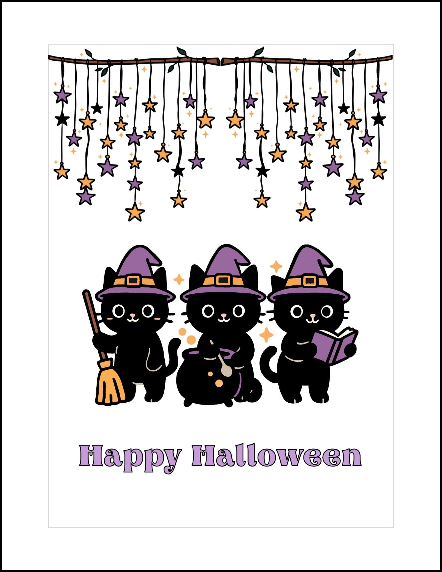 Three black cats in witch hats Halloween card.
