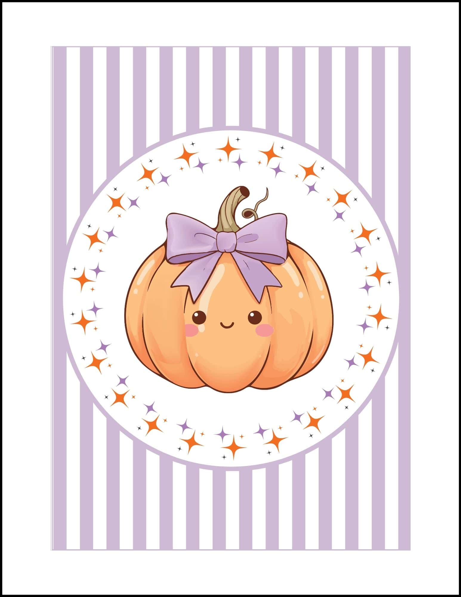 Cute Halloween card with a pumpkin in purple bow and purple stripes background.