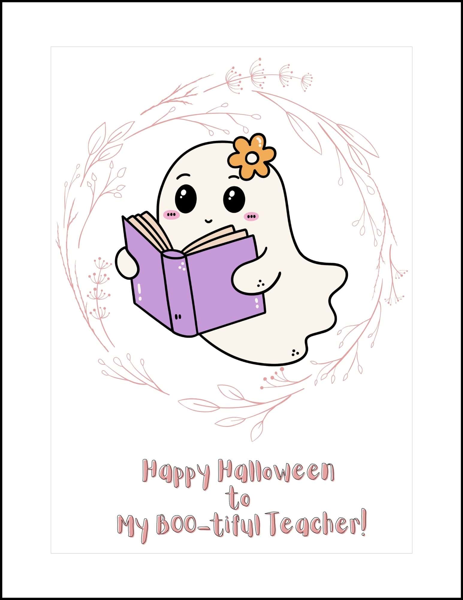 Printable Halloween card for teacher with the image of a ghost holding a book.