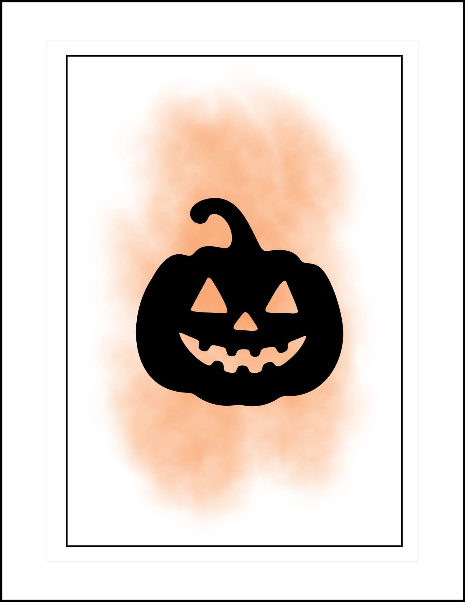 A Jack o Lantern in black silhouette against orange watercolor background Halloween card.