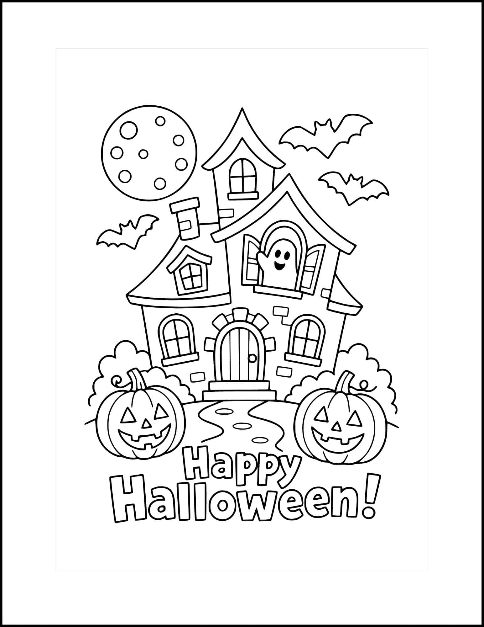 A coloring Halloween greeting card with a haunted house image.