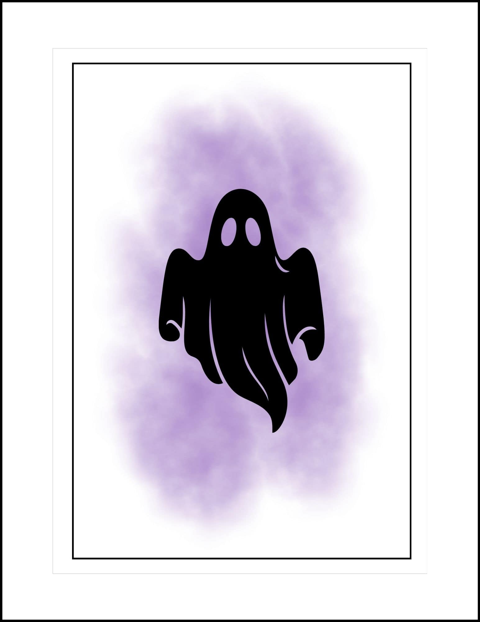 A ghost in black silhouette against purple watercolor background Halloween card.