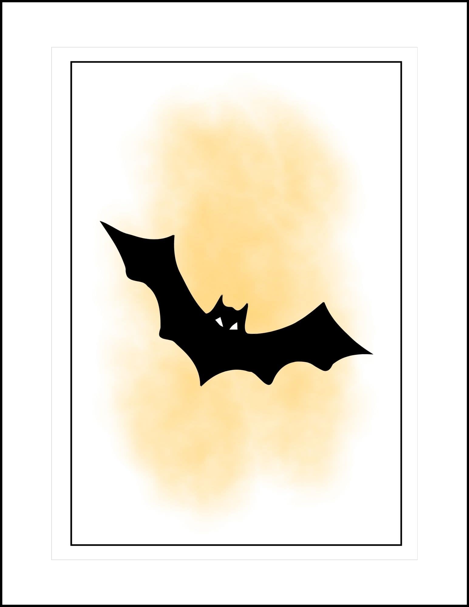 A bat in black silhouette against orange watercolor background Halloween card.