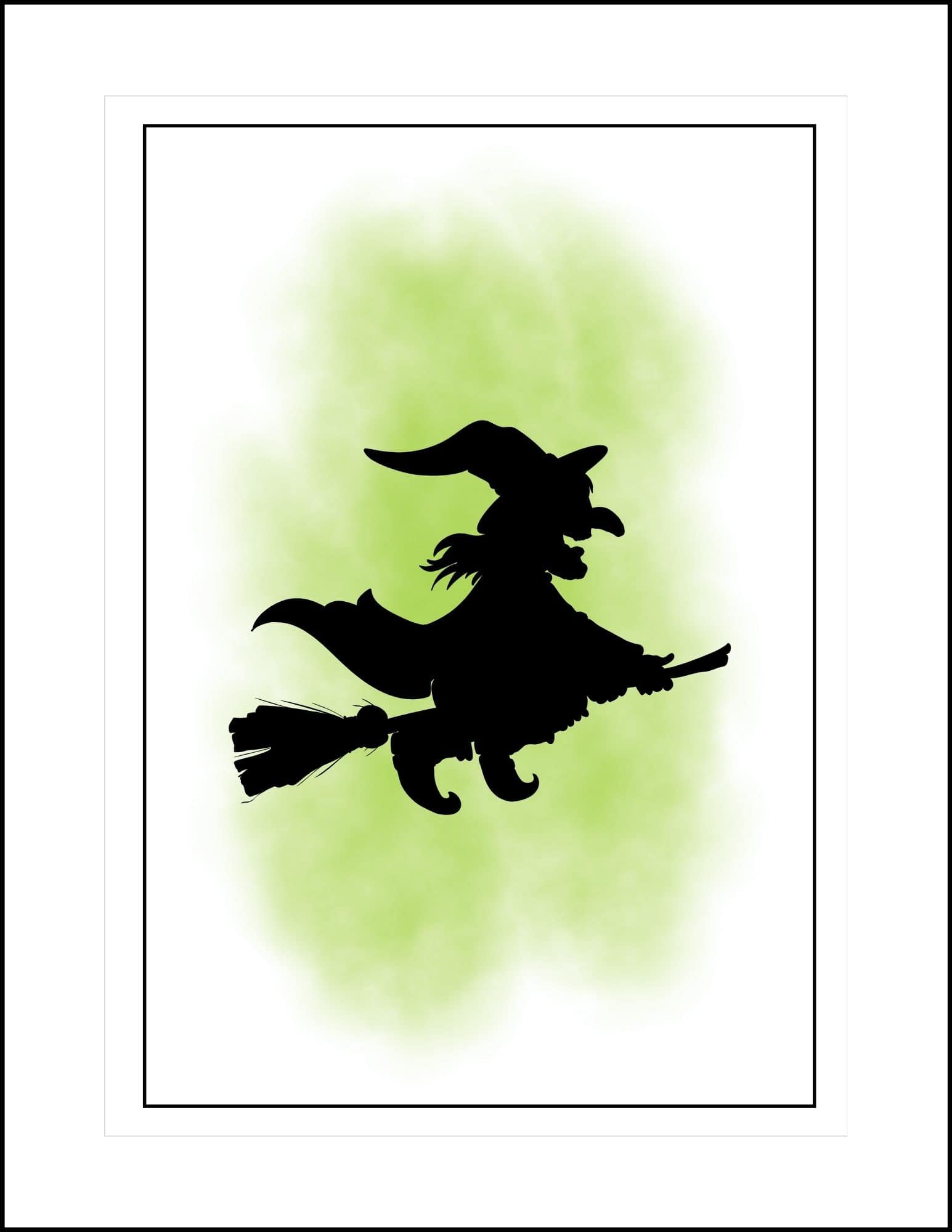 A witch silhouette against green background Halloween card.