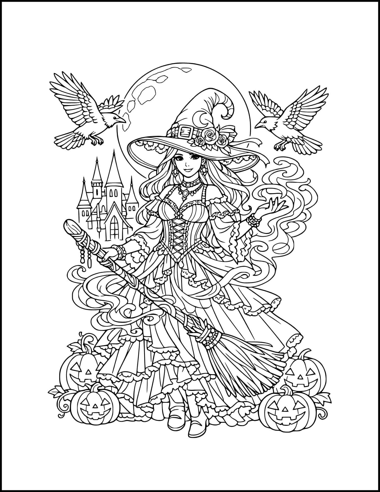 Elegant gothic witch coloring page.