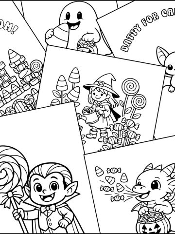 A stack of Halloween candy coloring pages overlapping on one another.