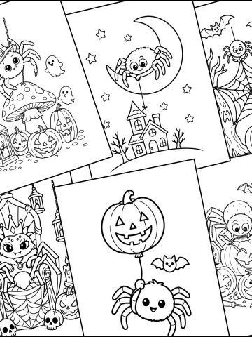 Halloween spider coloring pages overlapping one another.