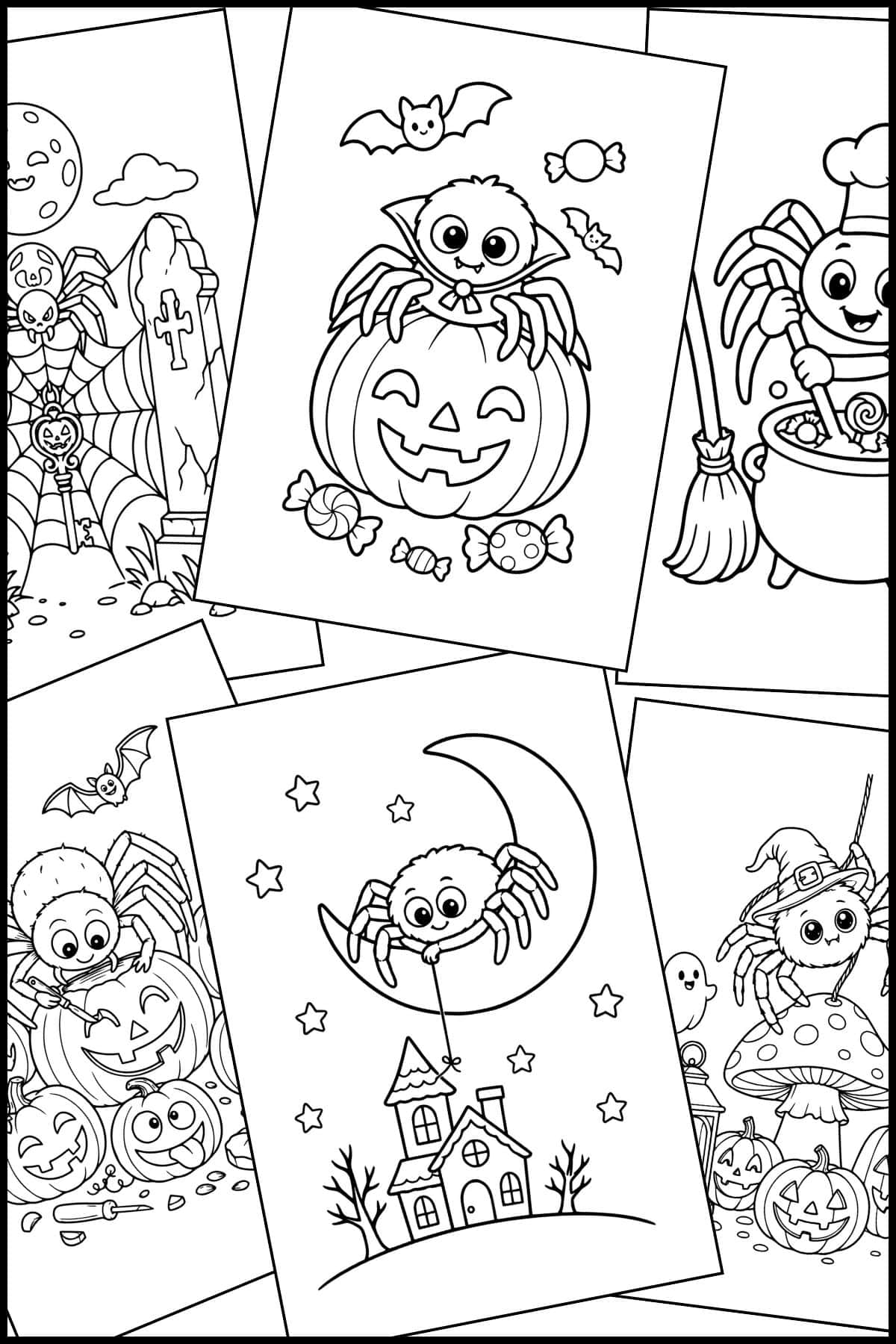 Halloween spider coloring pages overlapping one another.