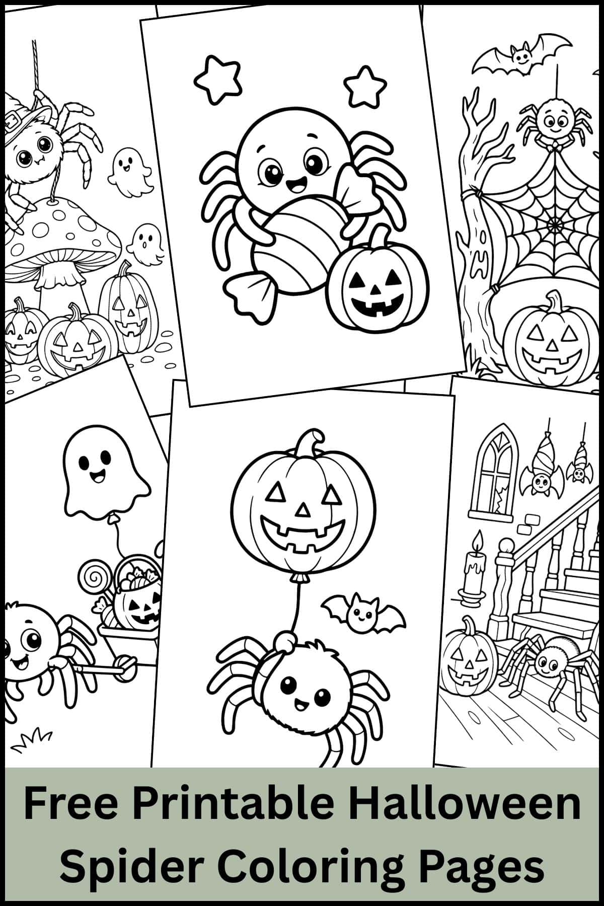 Halloween spider coloring pages overlapping one another.