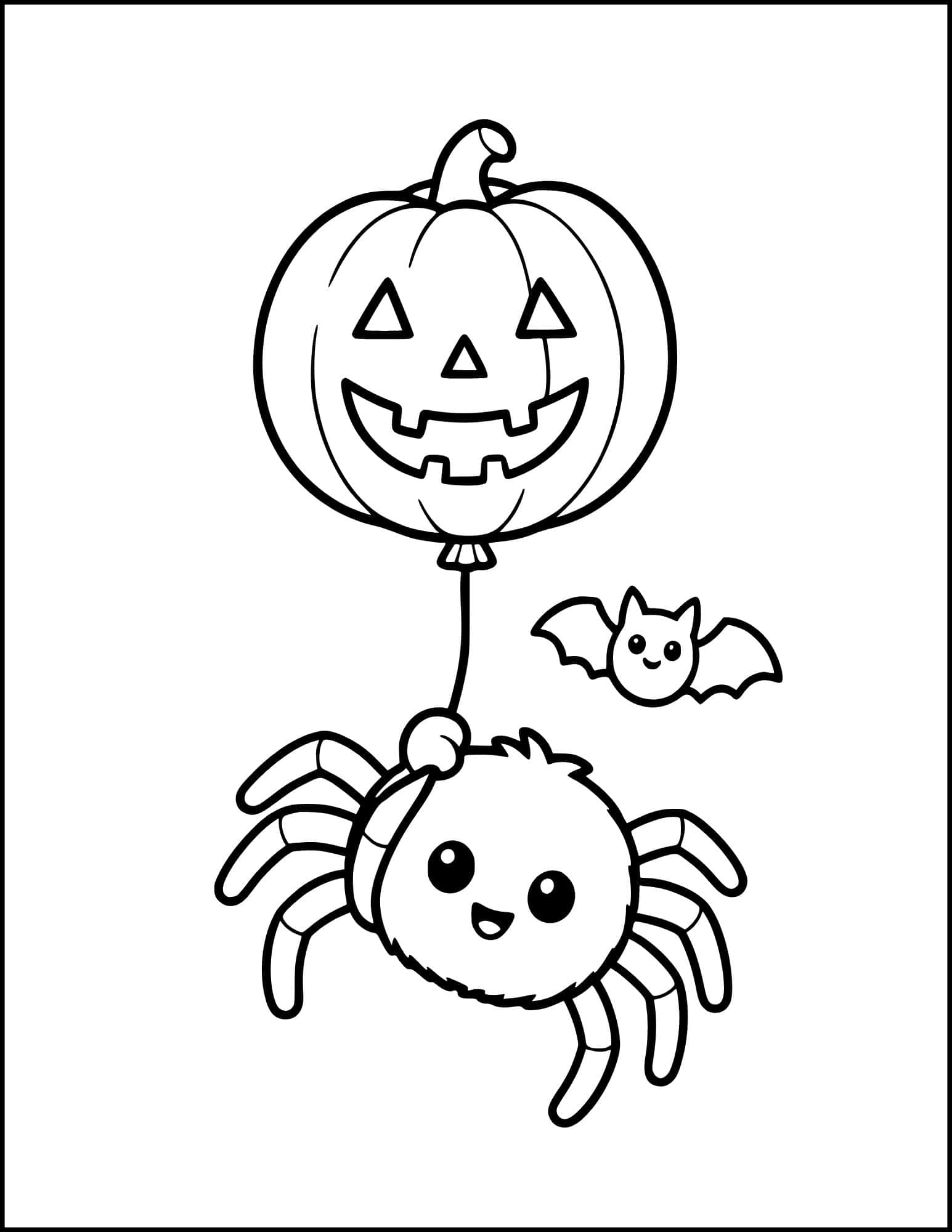 Halloween spider holding a jack o lantern shaped balloon.