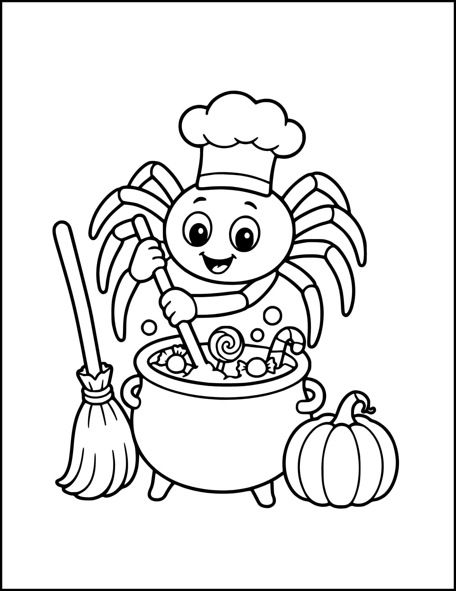 A halloween spider coloring page with a spider cooking.