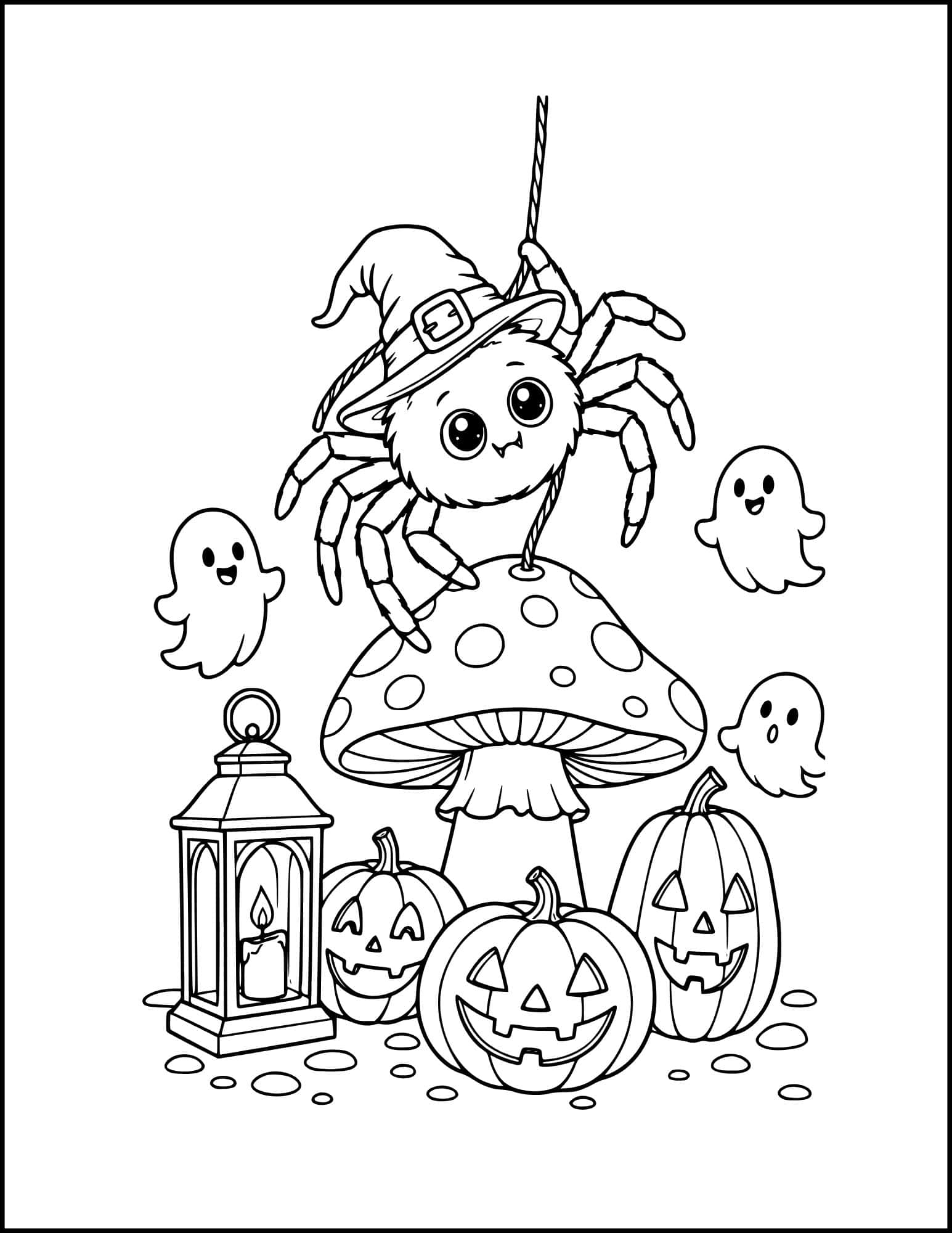 Spider with a witch hat sitting on a mushroom coloring page.
