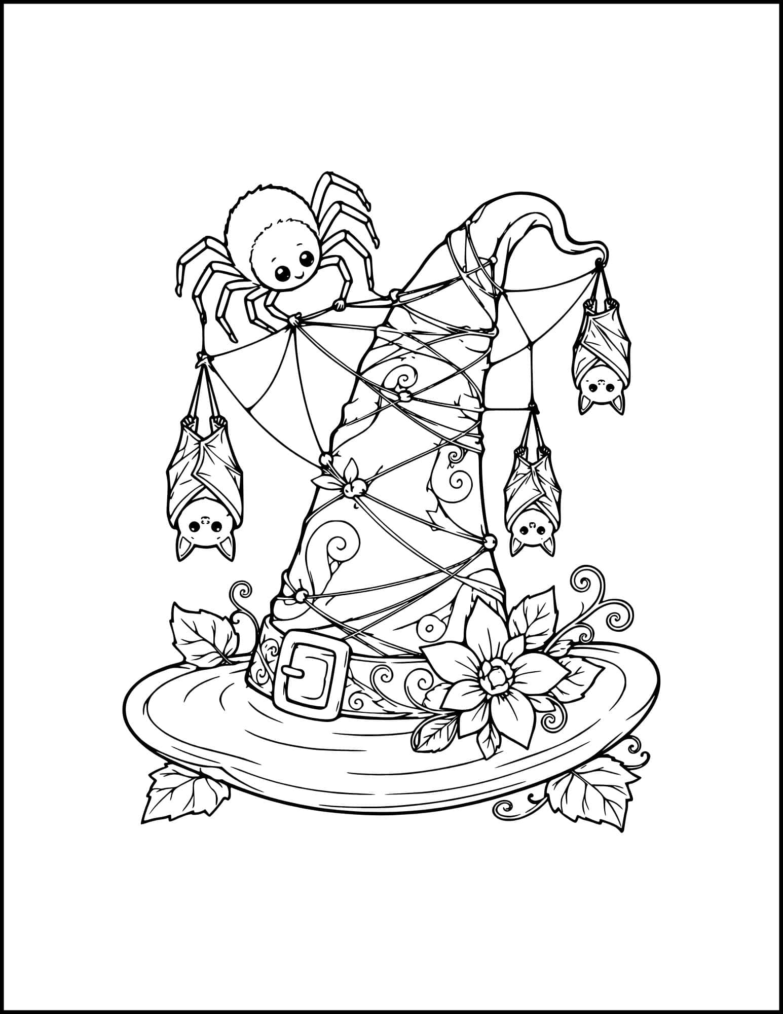 Spiders spinning web around a witch hat.