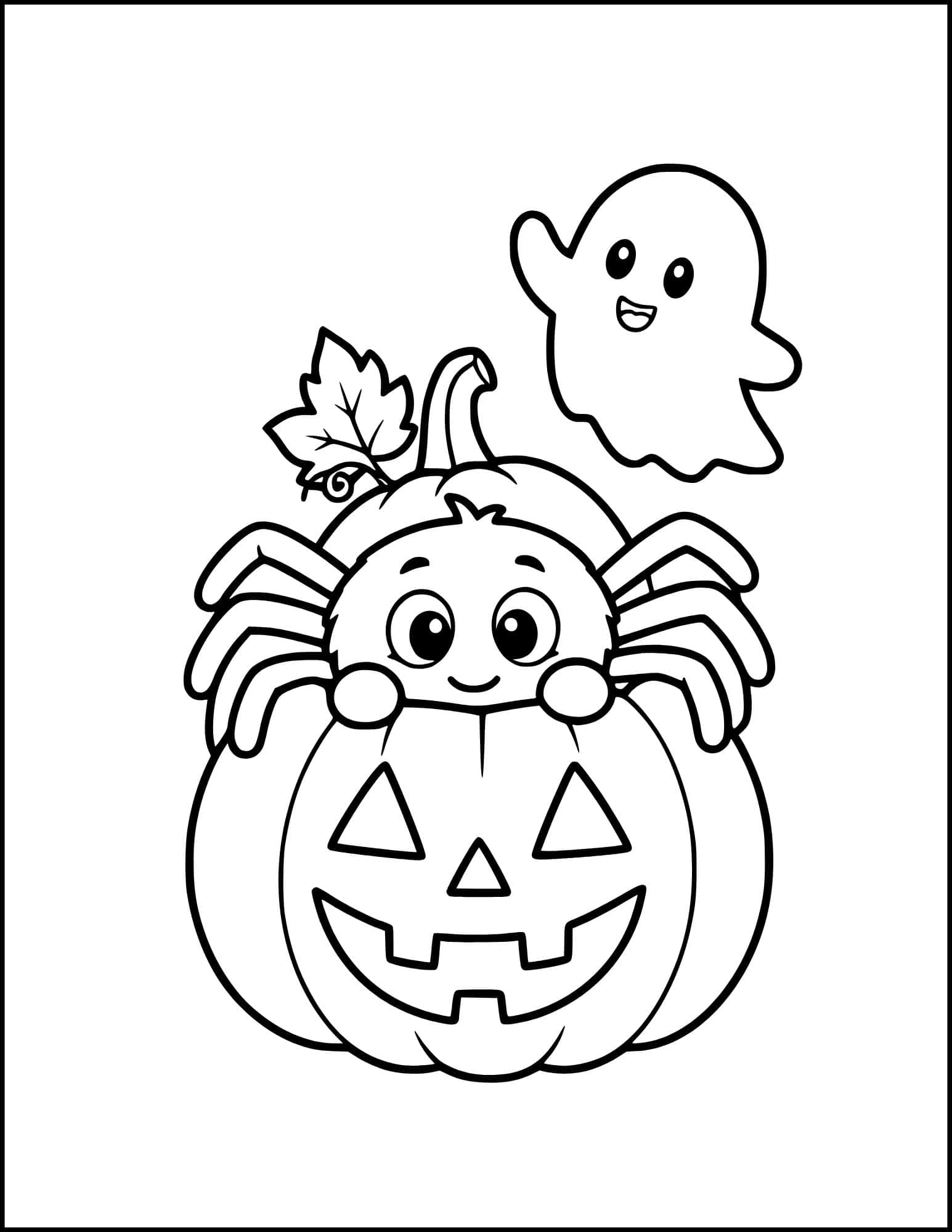 Halloween spider coloring page with a spider on a jack o lantern.