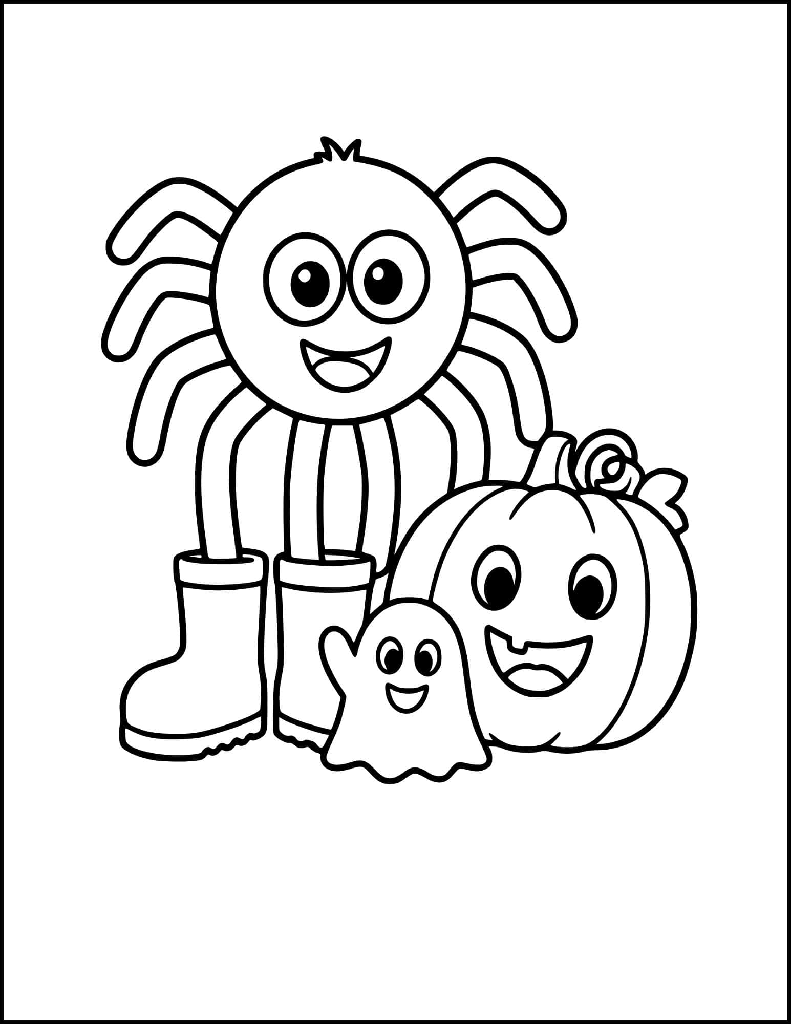 Spider in boots with Halloween ghost and pumpkin.