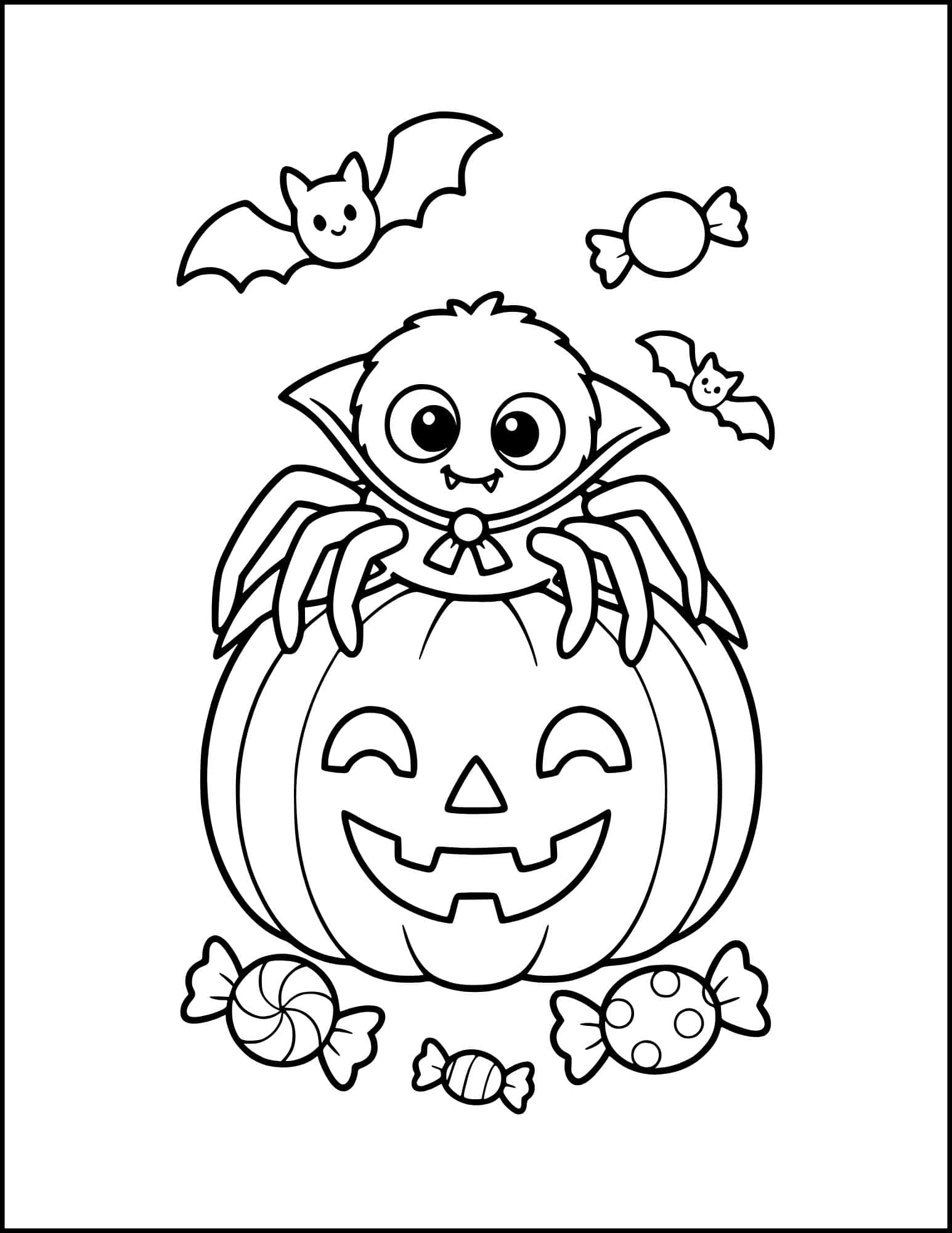 Halloween spider coloring page with a spider on a jack o lantern.