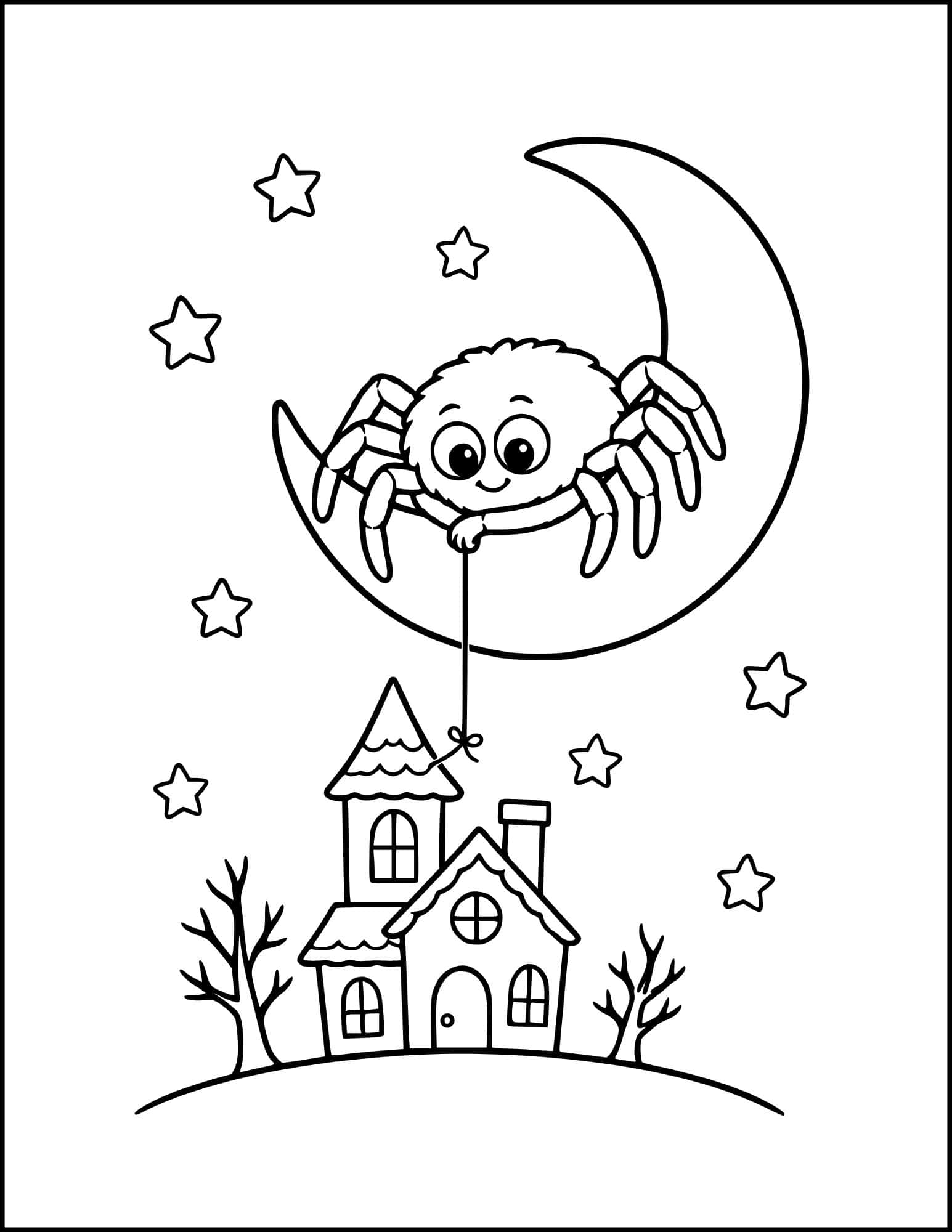 Halloween spider on a moon looking at a house.