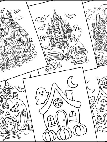 A stack of haunted house Halloween coloring pages overlapping on one another.