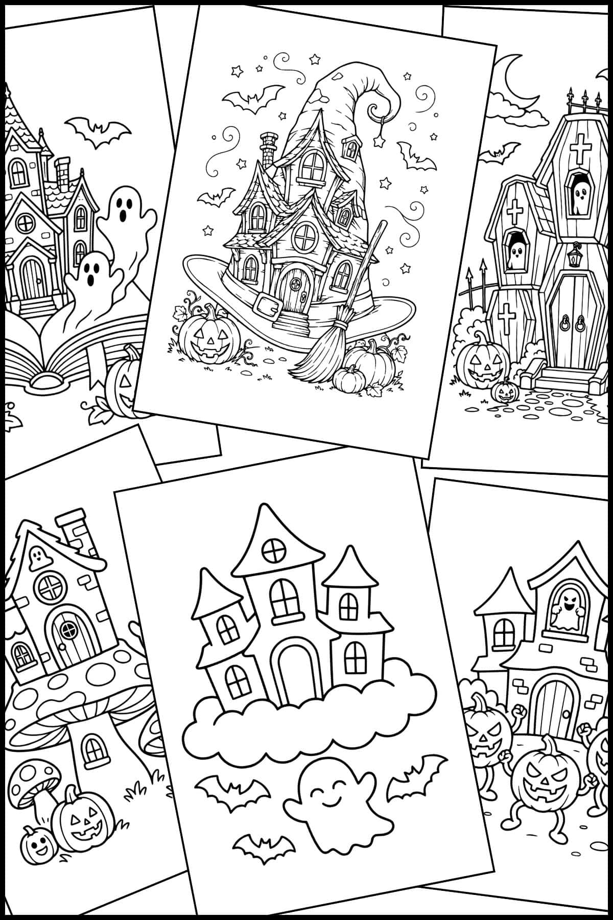 A stack of haunted house Halloween coloring pages overlapping on one another.