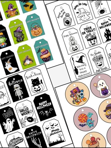 Four sets for printable Halloween tags slanting on a page.