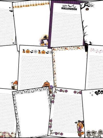 A stack of Halloween writing paper overlapping on one another.